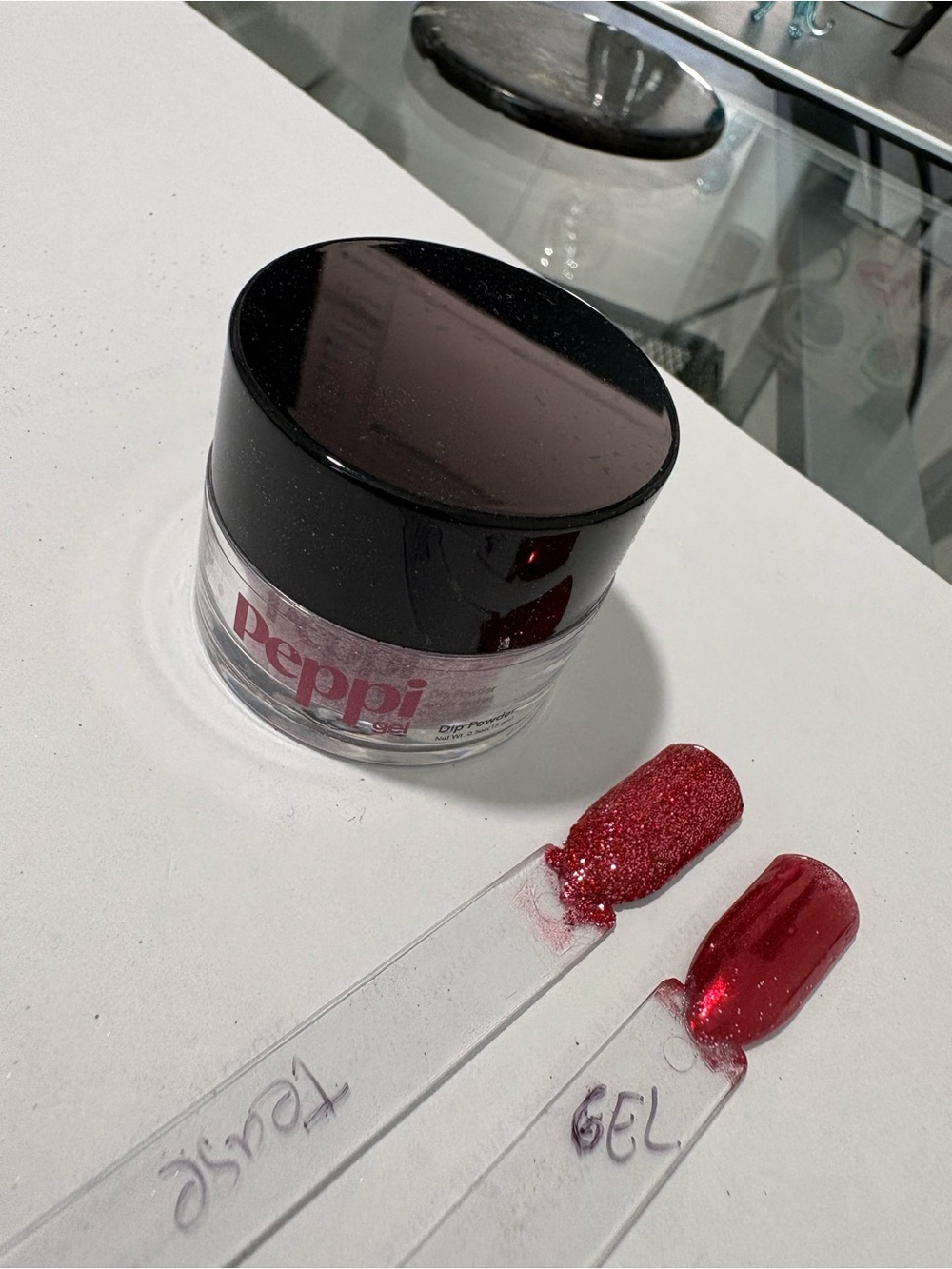 Peppi Gel Tease red glittery dip nail powder